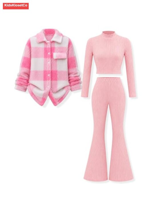 Other - Girls 3 Piece Plaid Jacket Long Sleeve Top Flare Pants Outfit Set 9-16 Years